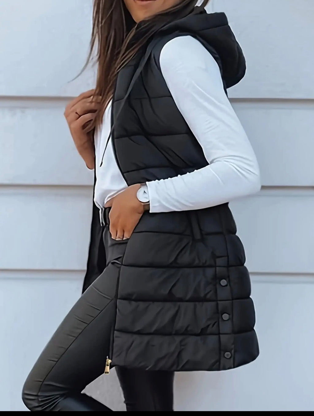 Black Longline Puffer Vest with Detachable Hood