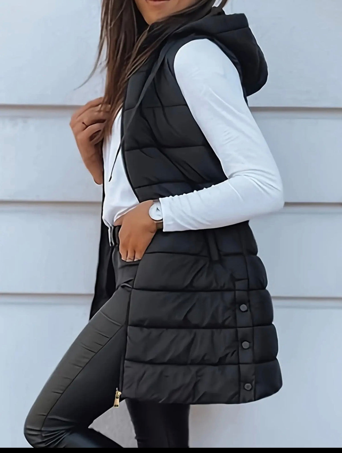 Black Longline Puffer Vest with Detachable Hood