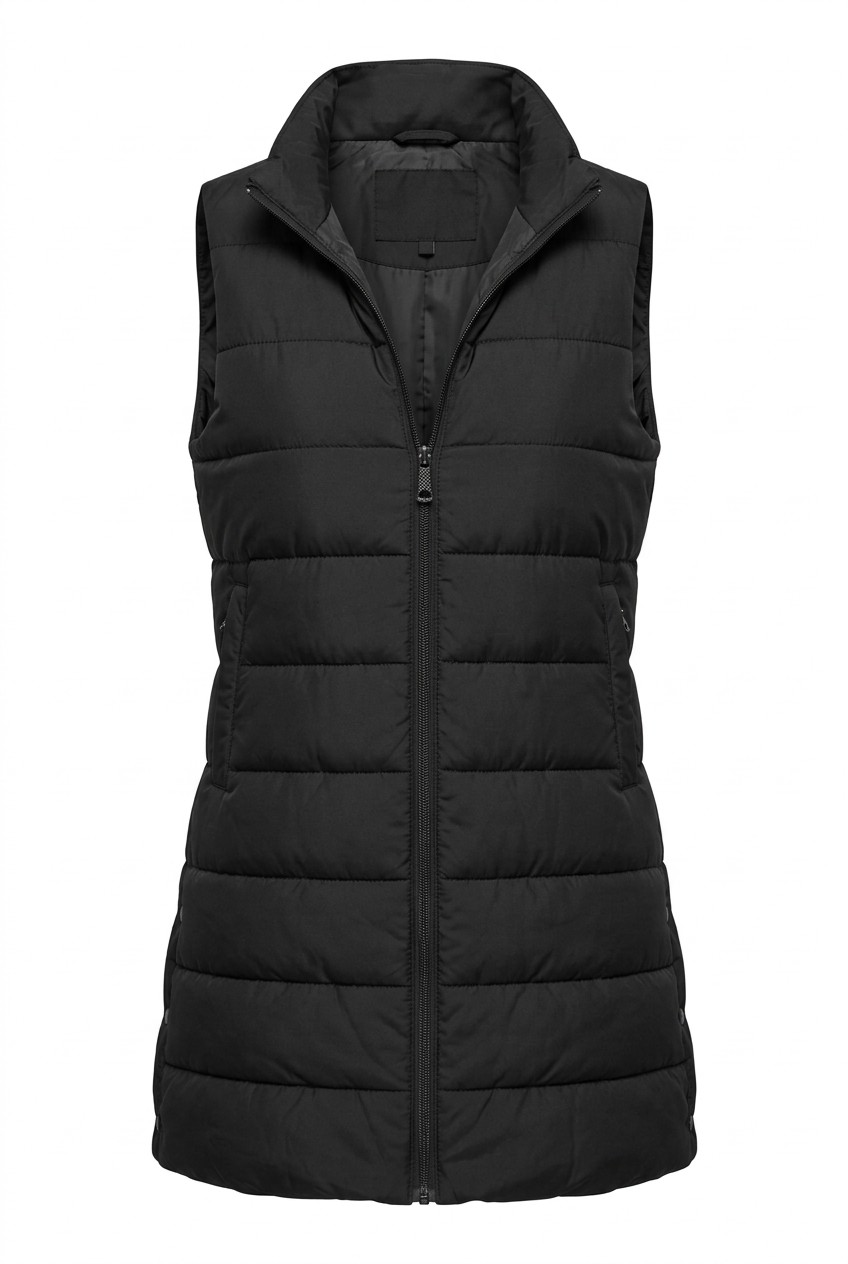 Black Longline Puffer Vest with Detachable Hood