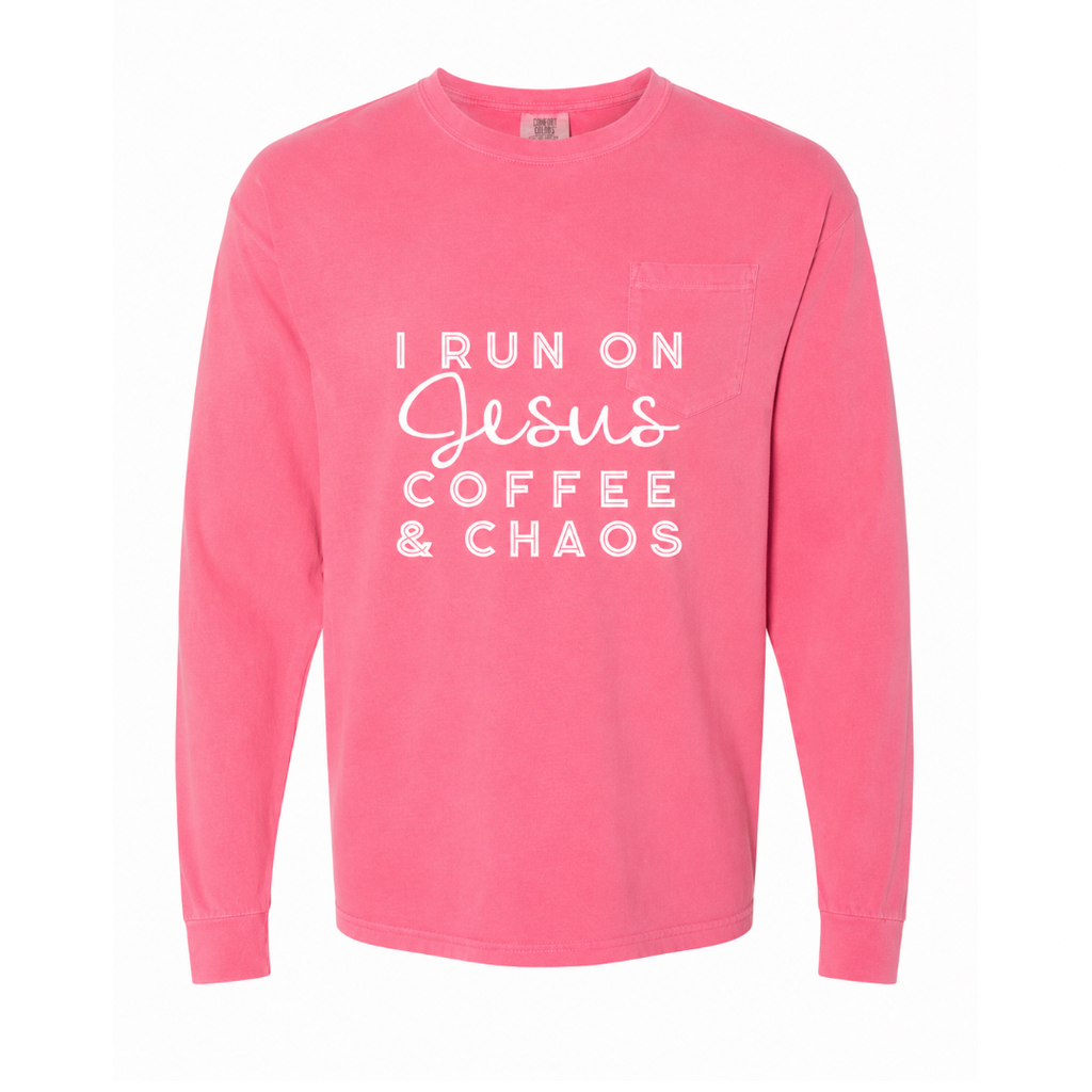 I Run On Jesus Coffee And Chaos Tee | Christian Long Sleeve Tee