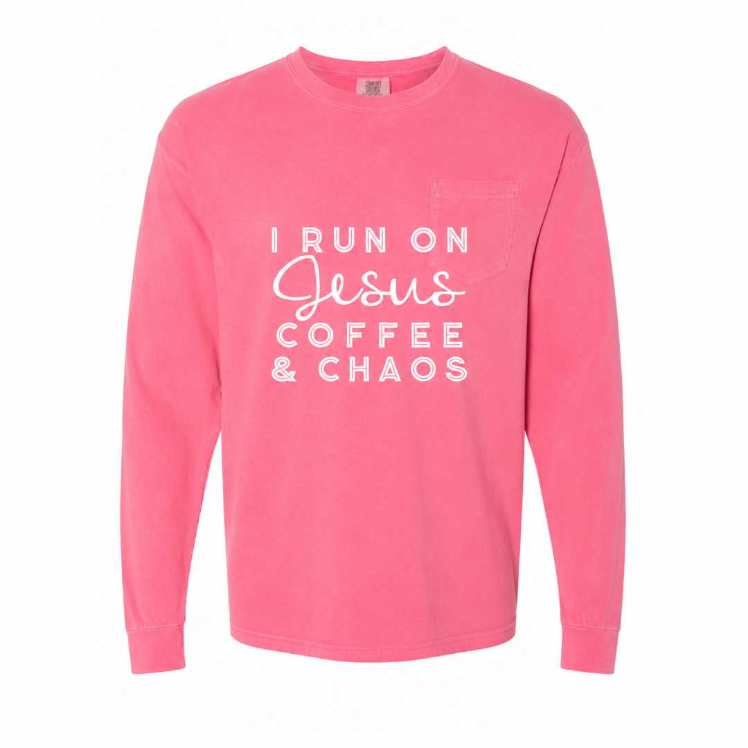 I Run On Jesus Coffee And Chaos Tee | Christian Long Sleeve Tee