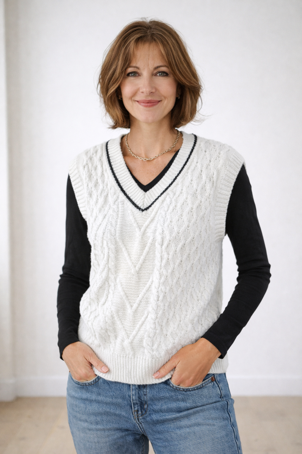 White Cable Knit Sweater Vest | V-Neck Sleeveless Layering Top
