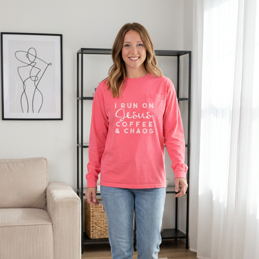 I Run On Jesus Coffee And Chaos Tee | Christian Long Sleeve Tee