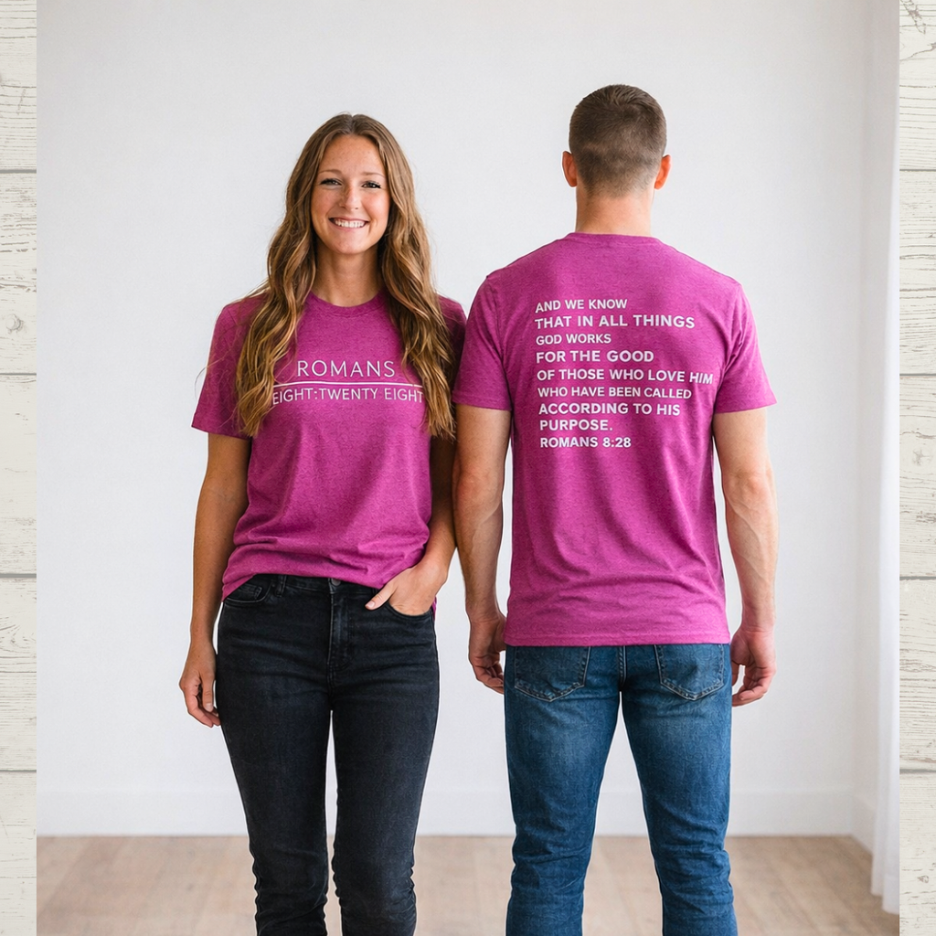 Romans 8:28 T-Shirt | Verse Shirt Front and Back