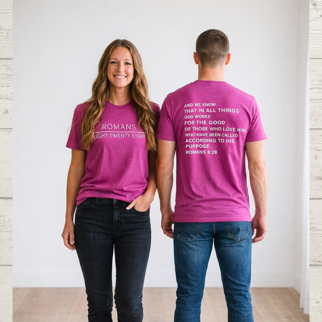 Romans 8:28 T-Shirt | Verse Shirt Front and Back