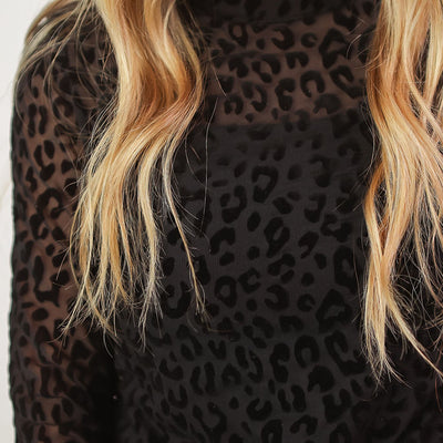 Stand-Up Collar Leopard Print Mesh Long-Sleeved Top