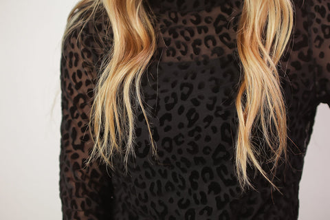 Stand-Up Collar Leopard Print Mesh Long-Sleeved Top