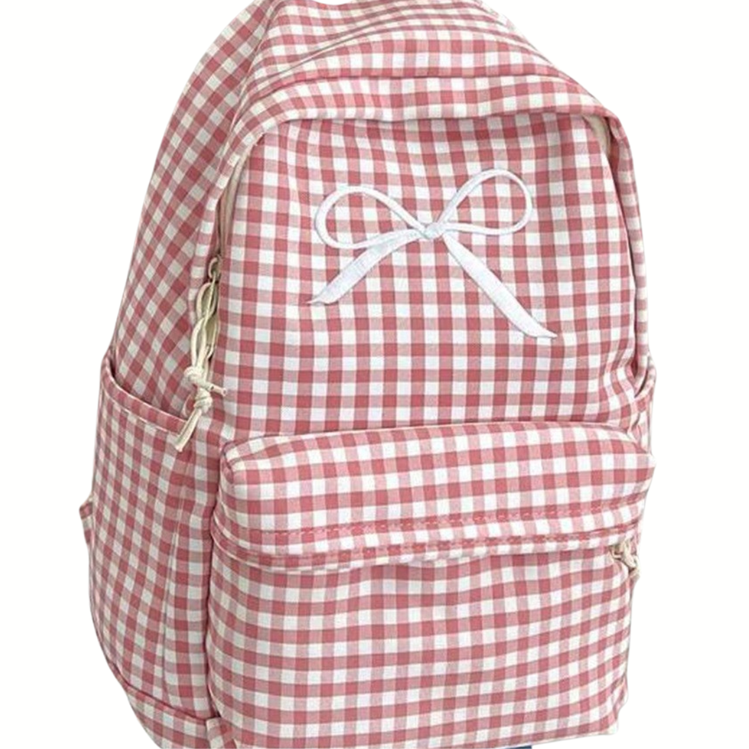 Pink Checkered Back Pack with Embroidered Bow