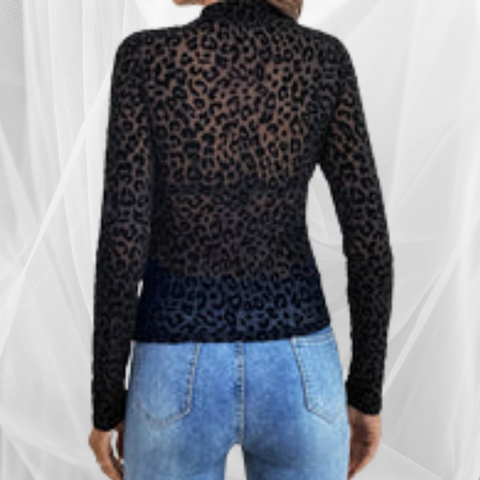 Stand-Up Collar Leopard Print Mesh Long-Sleeved Top