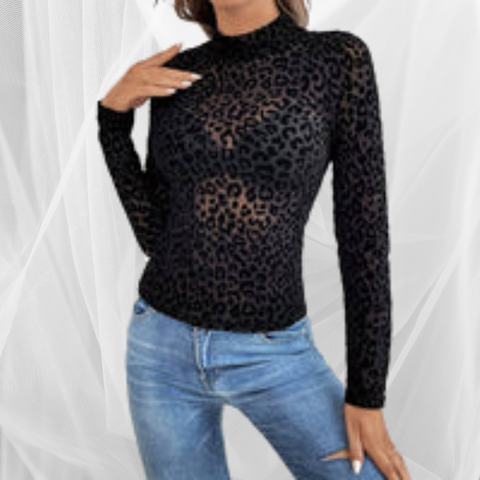 Stand-Up Collar Leopard Print Mesh Long-Sleeved Top