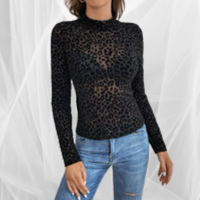 Stand-Up Collar Leopard Print Mesh Long-Sleeved Top